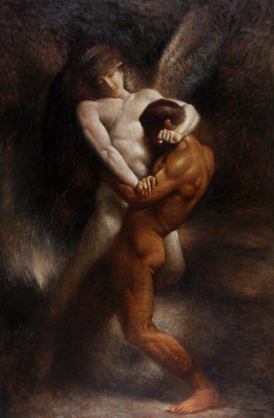 400x610 Angel Wrestling Unfolding Light - Male Angel Painting