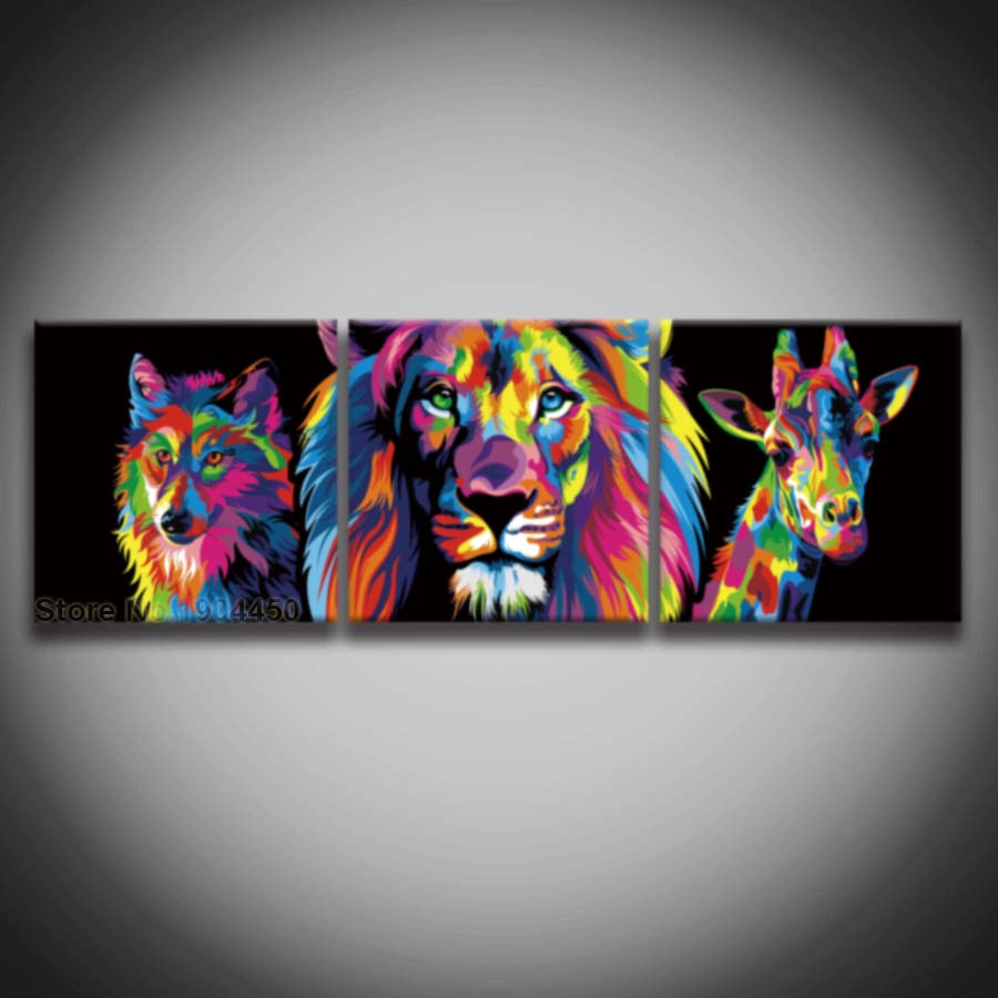 900x900 3 Panel Printed Colorful Male Lion Wolf Giraffe Animal Picture - Male Lion Painting