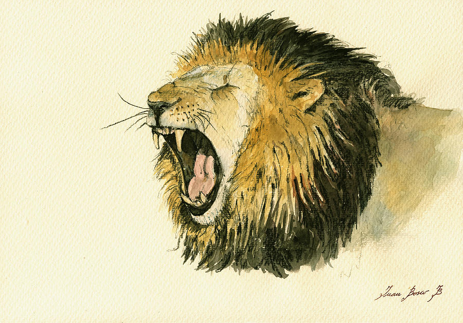 900x629 Male Lion Head Painting Painting By Juan Bosco - Male Lion Painting