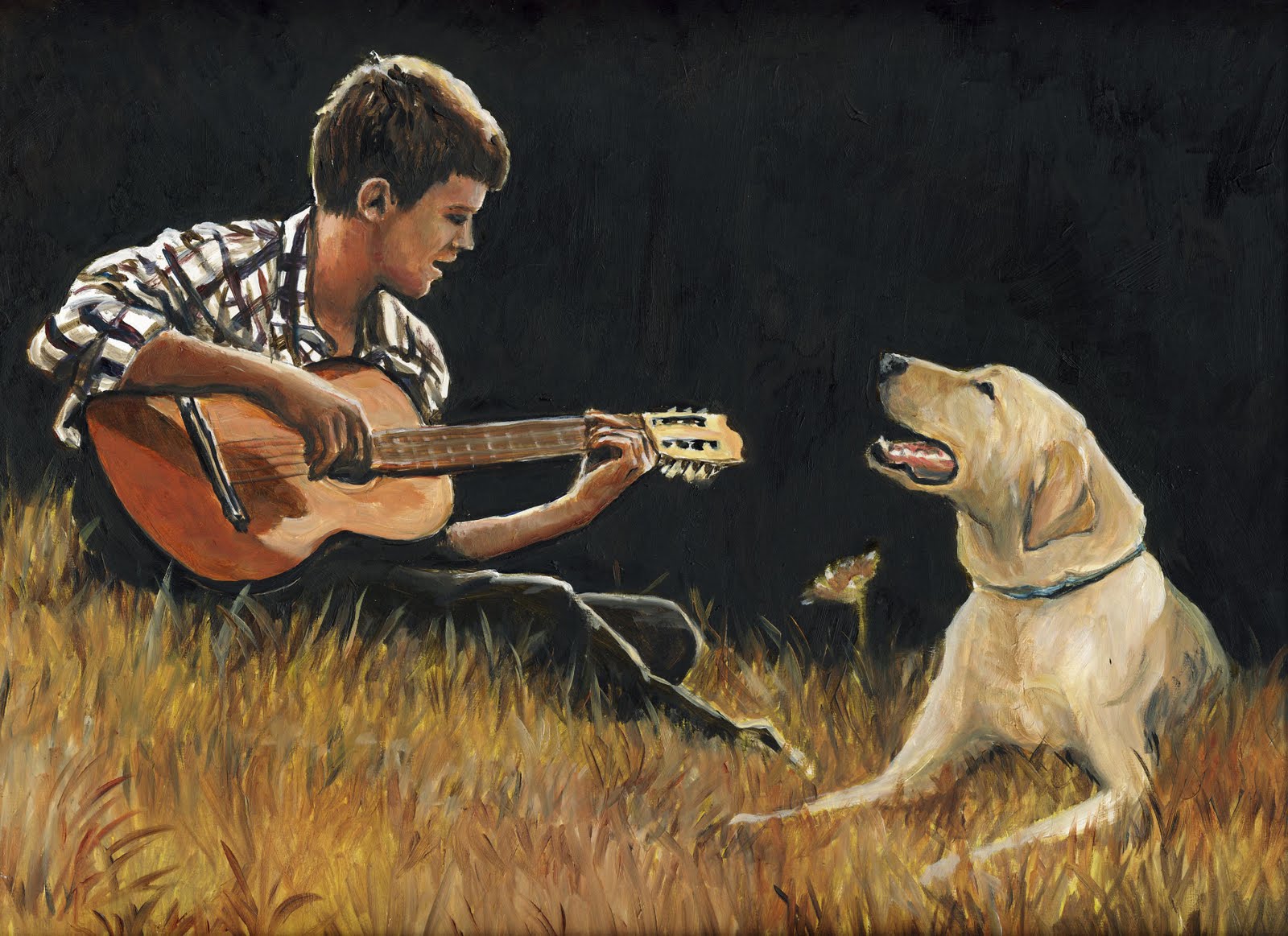 1600x1163 Sing Along Oil Painting By Charlotte Yealey Art With A Bark - Man And Dog Painting