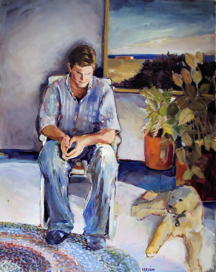 716x900 Young Man And His Dog Painting By Diane Ursin - Man And Dog Painting