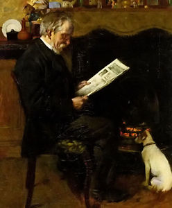 248x300 Daily Graphic Old Man Reading By Fireplace - Man And Dog Painting