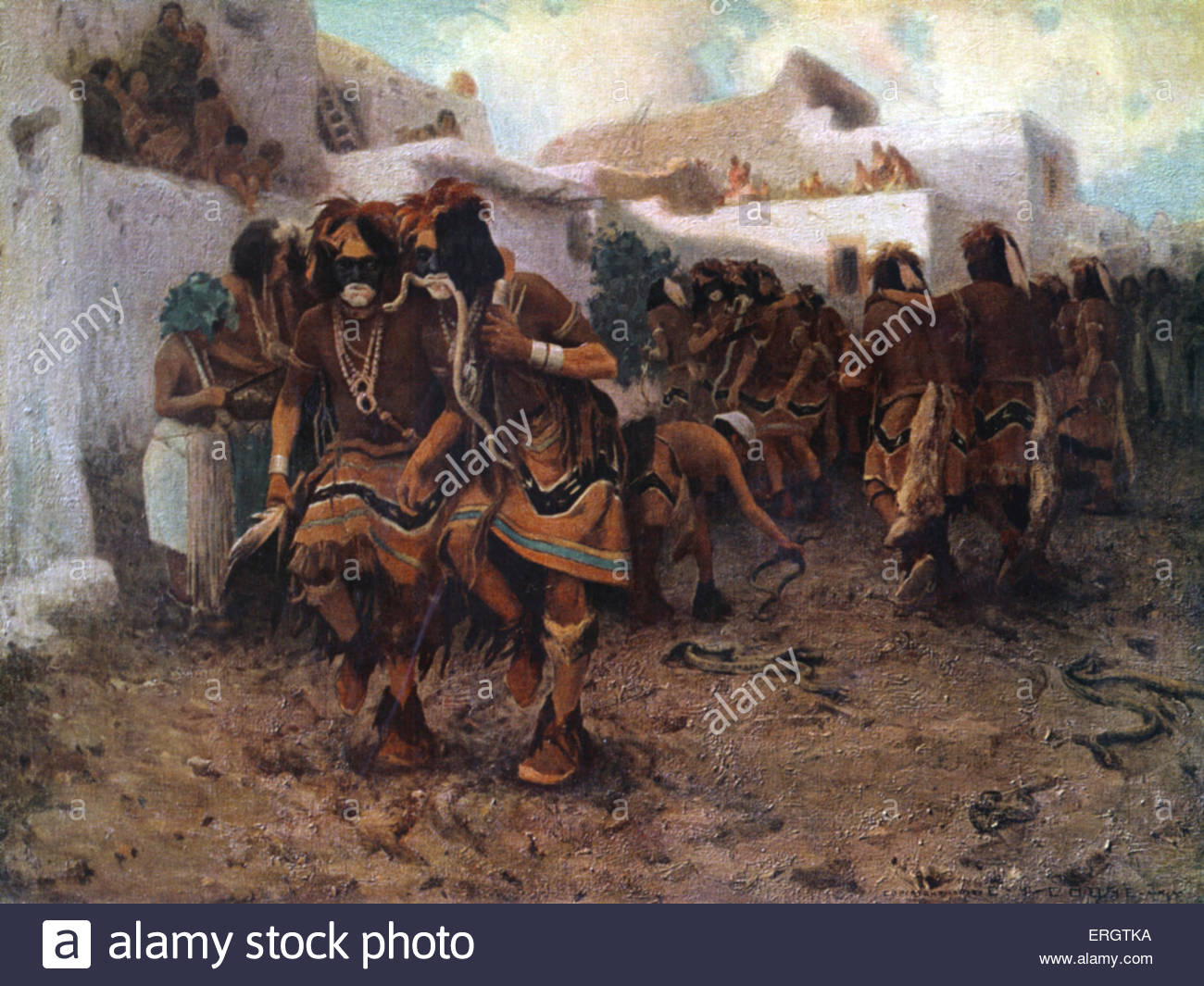 1300x1065 Native American Snake Dance Of The Hopi Tribe - Man And Woman Dancing In The Rain Painting