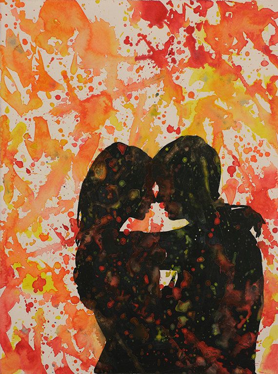 570x766 Watercolor Painting Of Silhouette Of Man Kissing Woman W - Man And Woman Kissing Painting