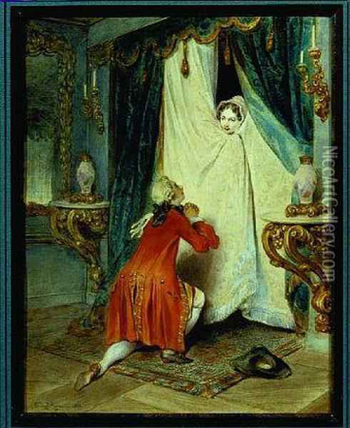 490x600 Man Kneeling Before A Woman Who Is Hiding Behind Bed Hangings Oil - Man And Woman Painting