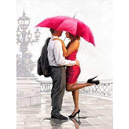 450x450 Men Women In Red Umbrella Frameless Diy Digital Paint Oil Painting - Man And Woman Under Umbrella Painting
