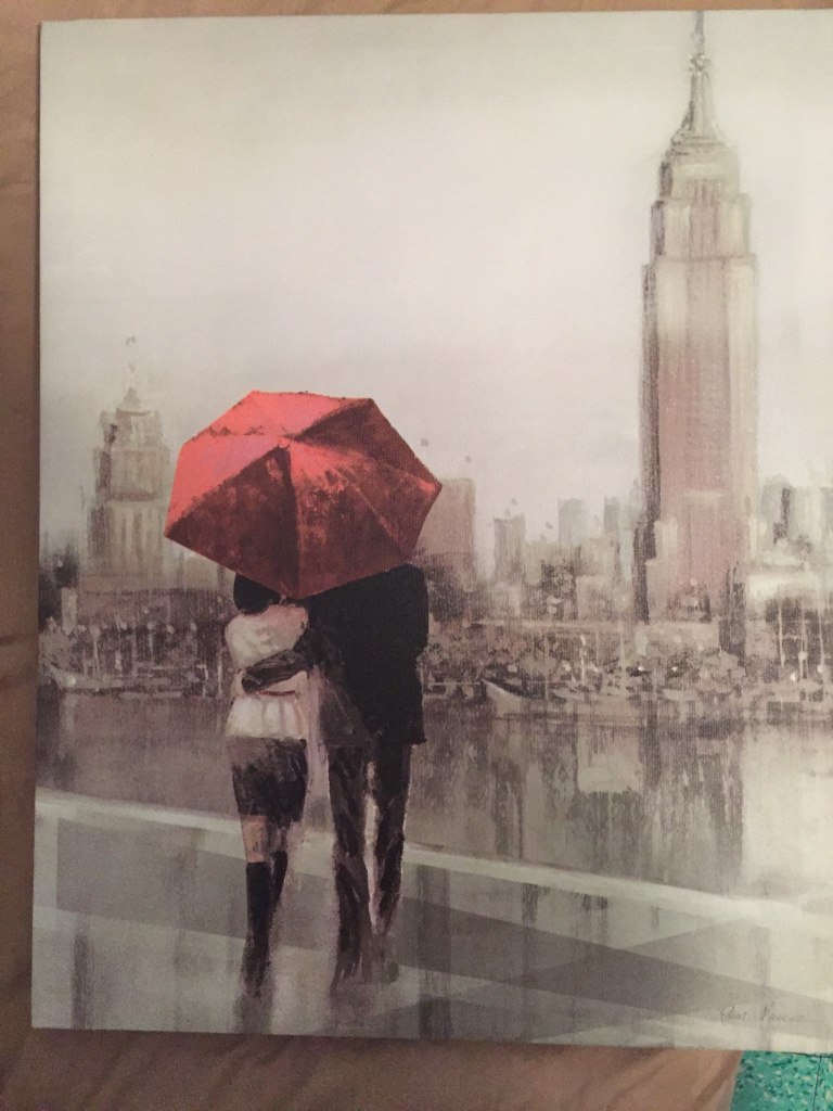 768x1024 Used Man And Woman Walking Under Red Umbrella Near Empire State - Man And Woman Under Umbrella Painting