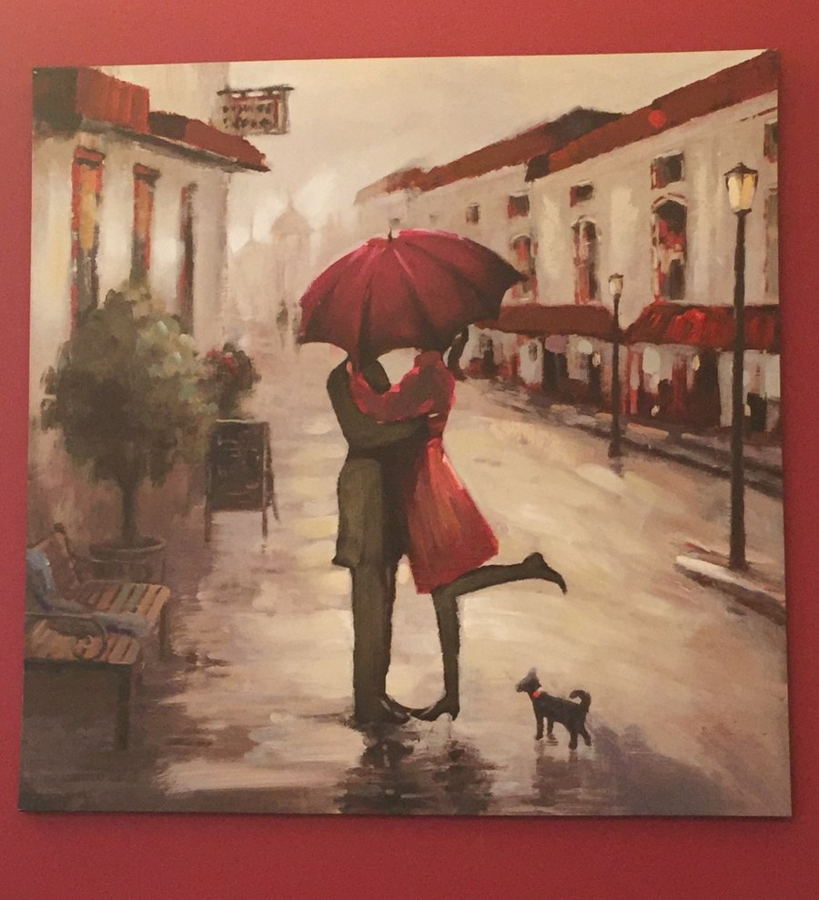 900x989 Used Painting Of Man And Woman Kissing Under Red Umbrella For Sale - Man And Woman Under Umbrella Painting