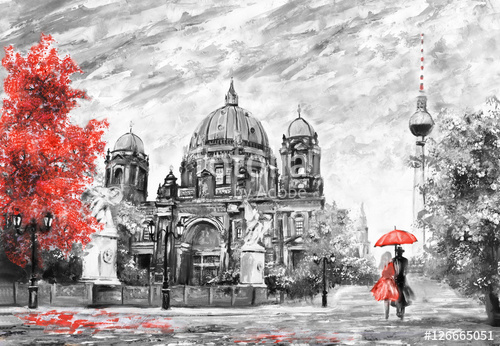 500x346 Oil Painting On Canvas, Street View Of Berlin, Artwork European - Man And Woman Under Umbrella Painting