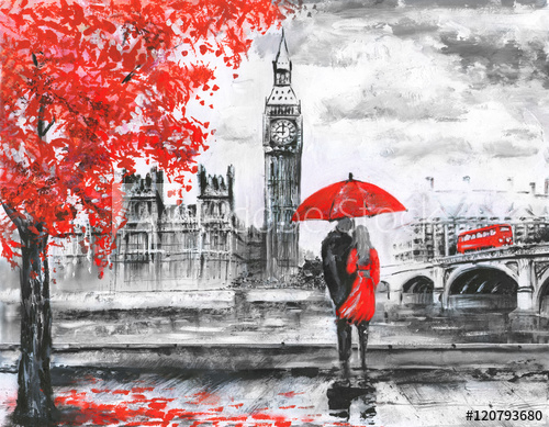 500x389 Oil Painting Canvas, Street View Of London, River And Bus - Man And Woman Under Umbrella Painting