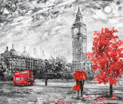 500x426 Oil Painting On Canvas, Street View Of London. Artwork. Big Ben - Man And Woman Under Umbrella Painting