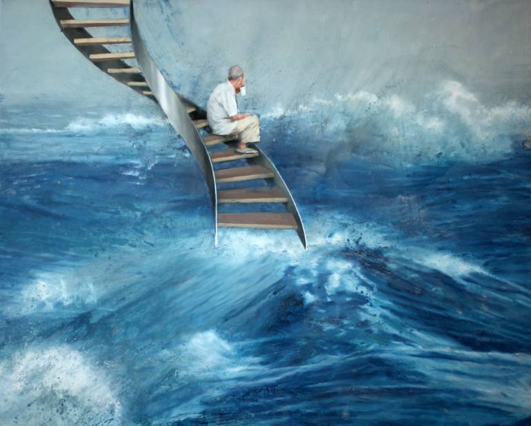 770x618 Saatchi Art Man Seated On A Staircase Painting By Nicola Pucci - Man At Sea Painting