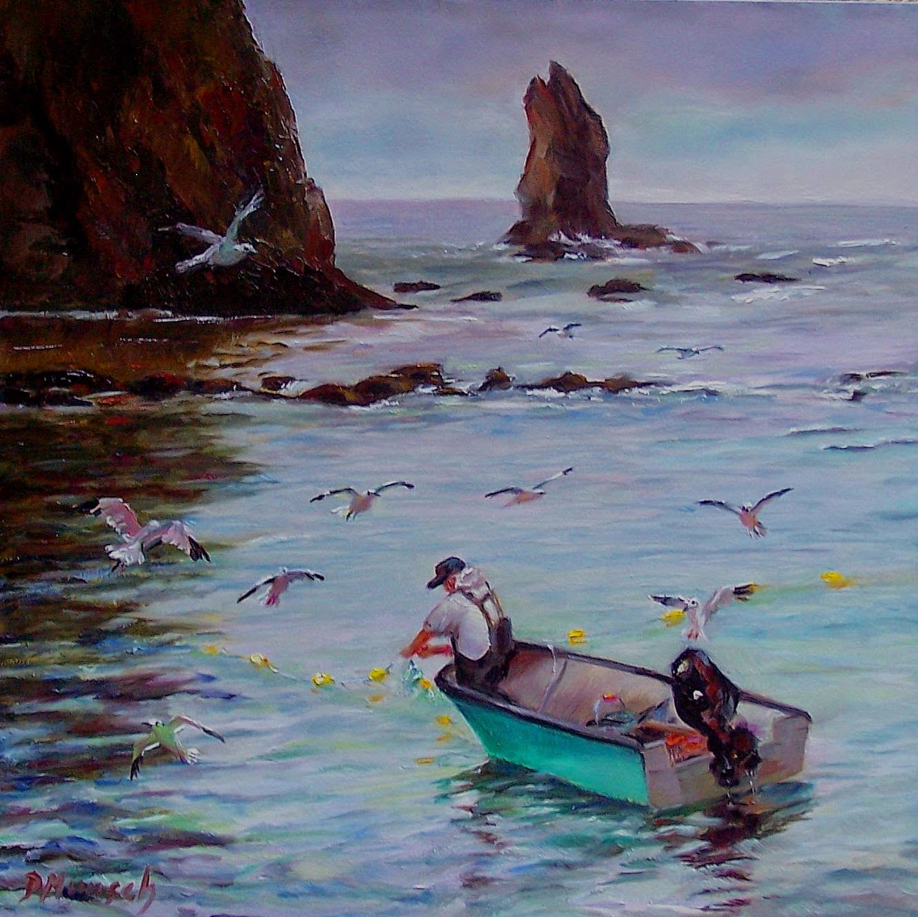 1330x1329 Donna Munsch Fine Art Original Oil Painting Old Man Of The Sea - Man At Sea Painting