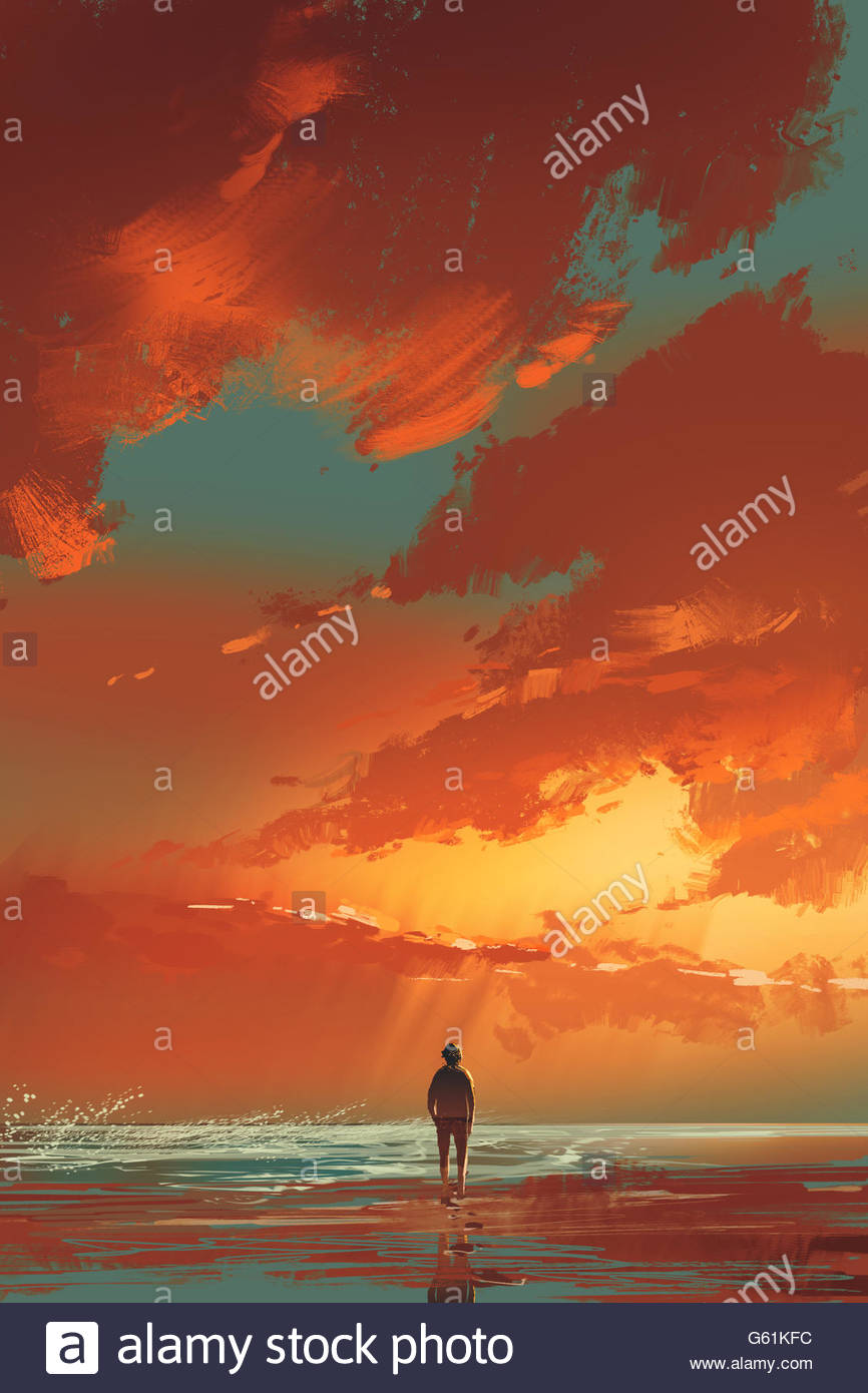 866x1390 Lonely Man Standing On The Sea Under Sunset Sky,illustration - Man At Sea Painting