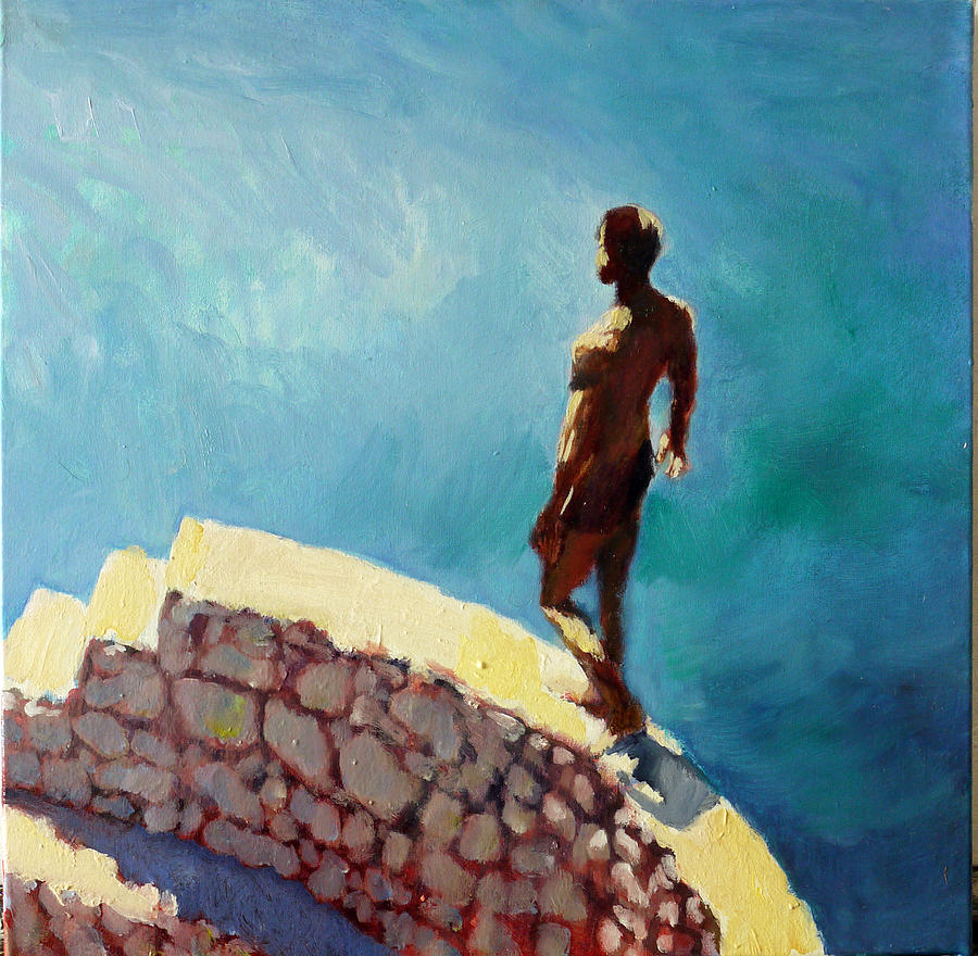 900x880 Man On Sea Wall, Taormina Painting By Nicholas Stedman - Man At Sea Painting