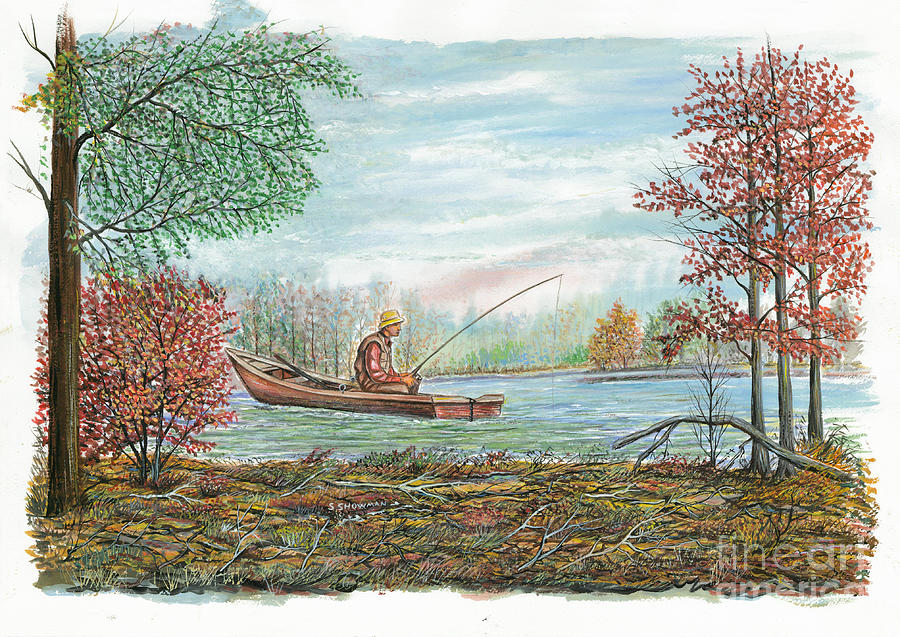 900x637 Man In Fishing Boat Painting By Samuel Showman - Man Fishing Painting