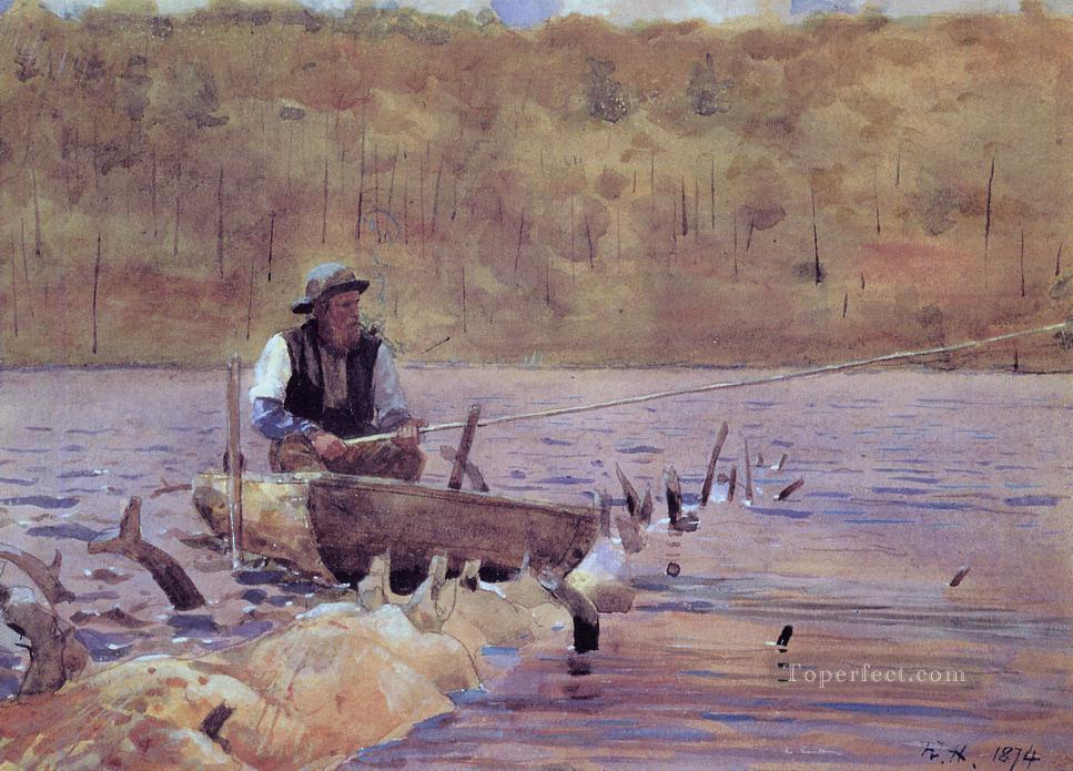 967x695 Man In A Punt Fishing Winslow Homer Watercolour Painting In Oil - Man Fishing Painting