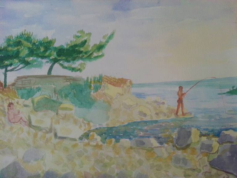 770x578 Saatchi Art A Man Fishing Painting By Wilfried Senoner - Man Fishing Painting