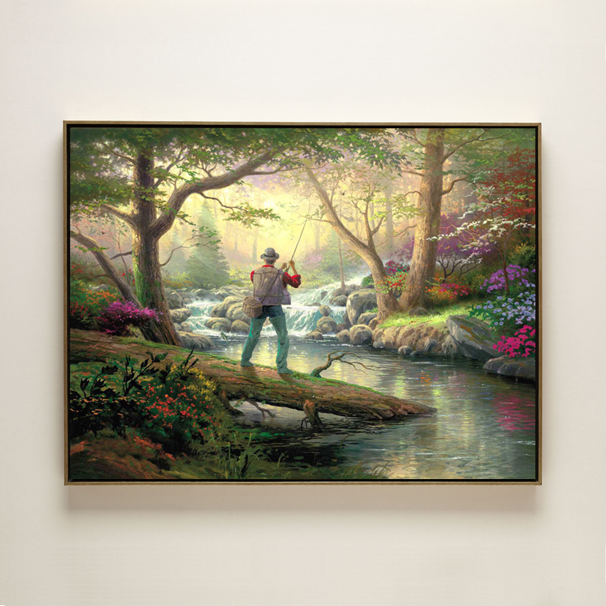 850x850 Cotton Handmade Oil Painting Thomas Man Fishing Stream Forest - Man Fishing Painting