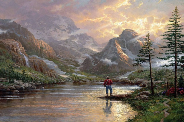 640x426 Printed Thomas Kinkade Landscape Oil Painting On Canvas Wall Art - Man Fishing Painting