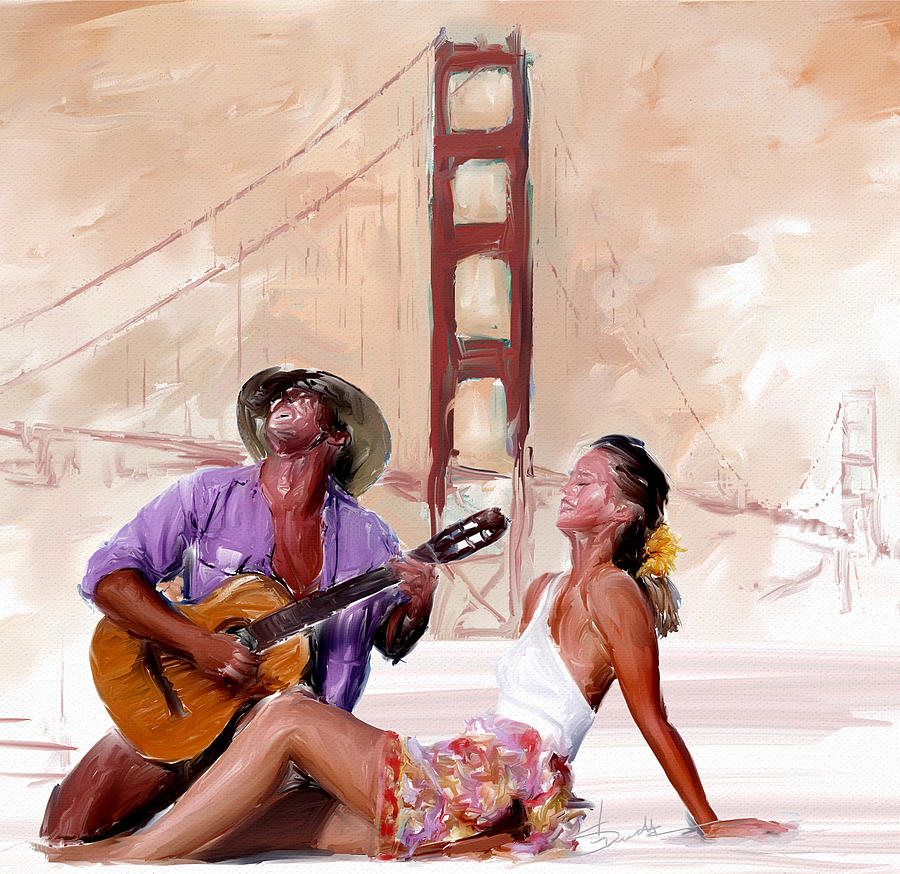 900x874 San Francisco Guitar Man Painting By Robert Smith - Man Guitar Painting
