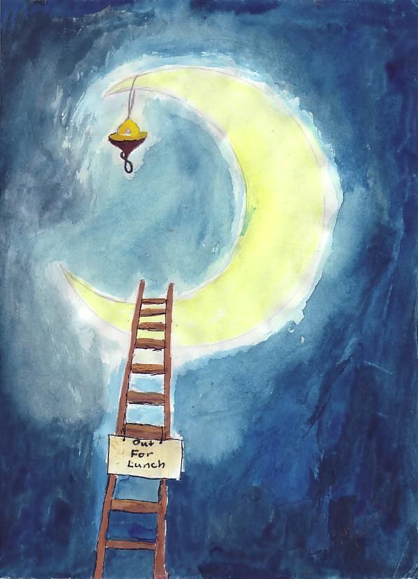 597x827 Orange Man Climbing Ladder Industrial - Man In The Moon Painting