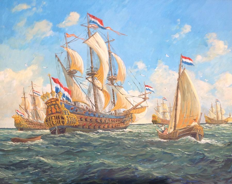 900x716 Dutch Man Of War Painting By Richard Wood - Man O War Painting