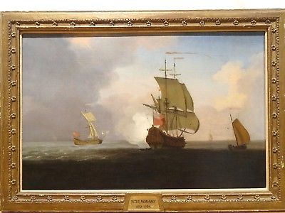 400x300 Large 18th Century British Navy Man O War Ship Battle Coast - Man O War Painting