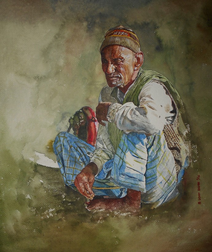 690x818 Old Man By Artist Uday Bhan Realism, Painting Mojarto 156208 - Man Painting