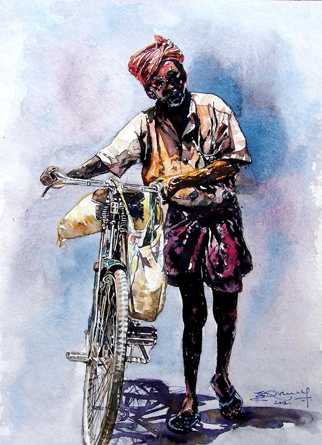 651x900 Scycle With Man By Artist Srv Artist Figurative Art Watercolor - Man Painting