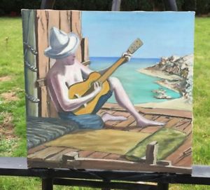 300x271 Oil Painting On Canvas Man Playing Guitar Beach Scene Ebay - Man Playing Guitar Painting