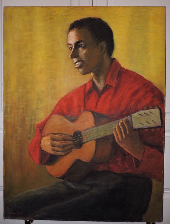 570x751 Vintage Modernist Black Man Playing Guitar Red By Antiqueartgarden - Man Playing Guitar Painting