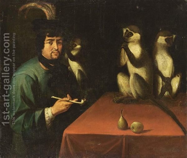 600x507 A Man Smoking A Pipe At A Table Together With Three Monkeys - Man Smoking Pipe Painting