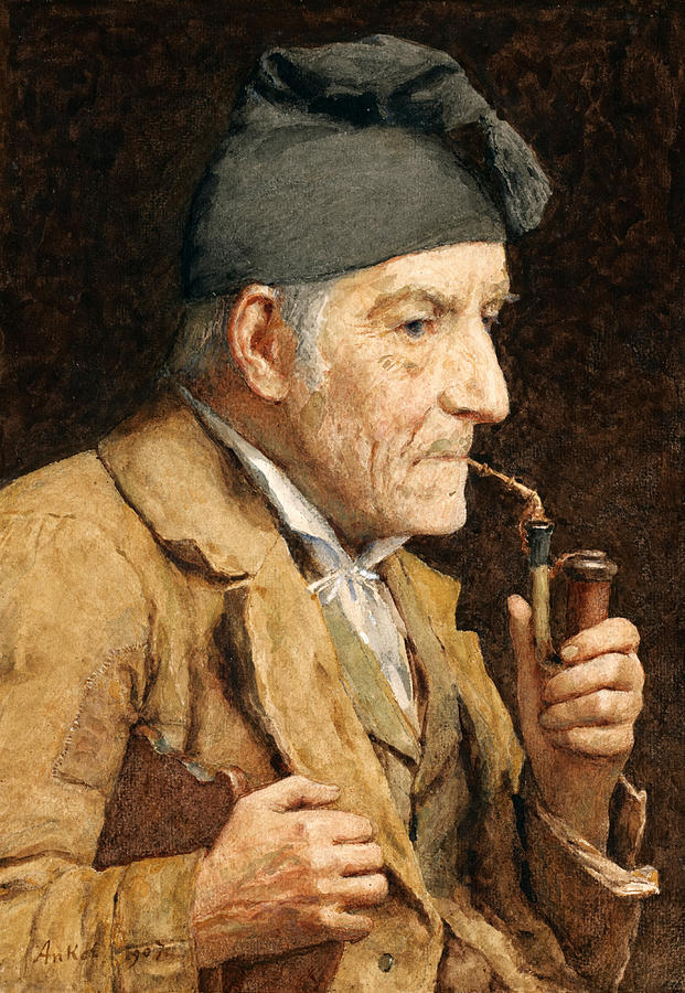 621x900 Old Man Smoking His Pipe Painting By Albert Anker - Man Smoking Pipe Painting