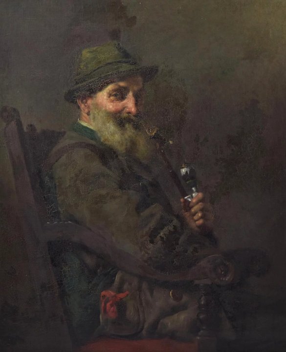585x720 Antique German Oil Painting Man Smoking Tyrolean Pipe Sold Ruby Lane - Man Smoking Pipe Painting