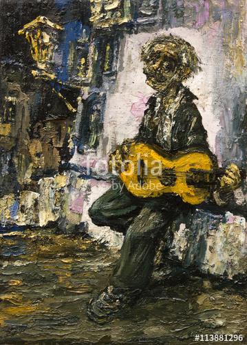 359x500 Guitarist Street Gypsy Musician Original Oil Painting On Canvas - Man With Guitar Painting