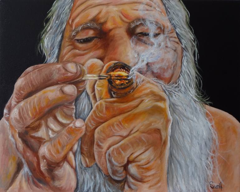770x616 Saatchi Art Old Man With Pipe Painting By Sunil Magar - Man With Pipe Painting
