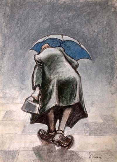 400x553 Man With Umbrella [The Lost World Of Norman Cornish - Man With Umbrella Painting