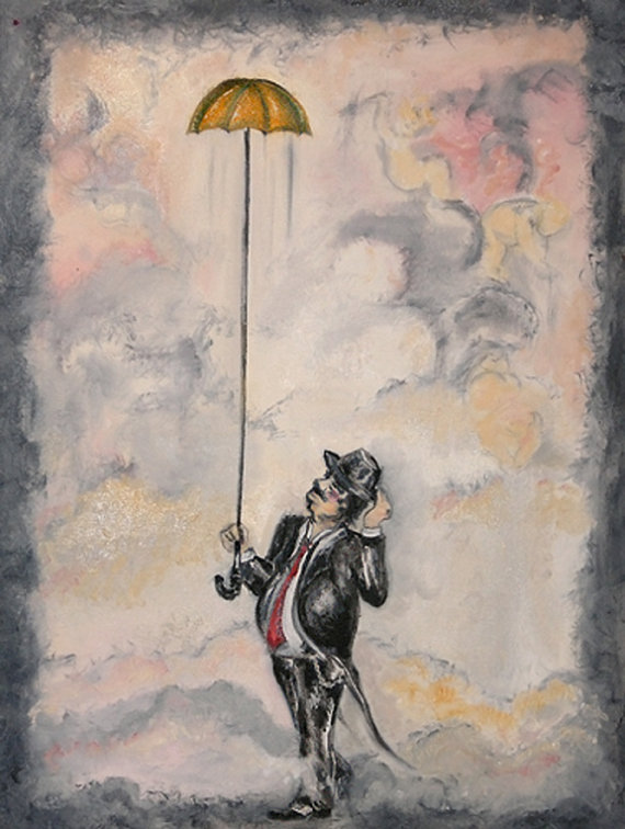 570x756 Mr Pour'Don Man In Suit In Rain Whimsical Vintage Inspired - Man With Umbrella Painting