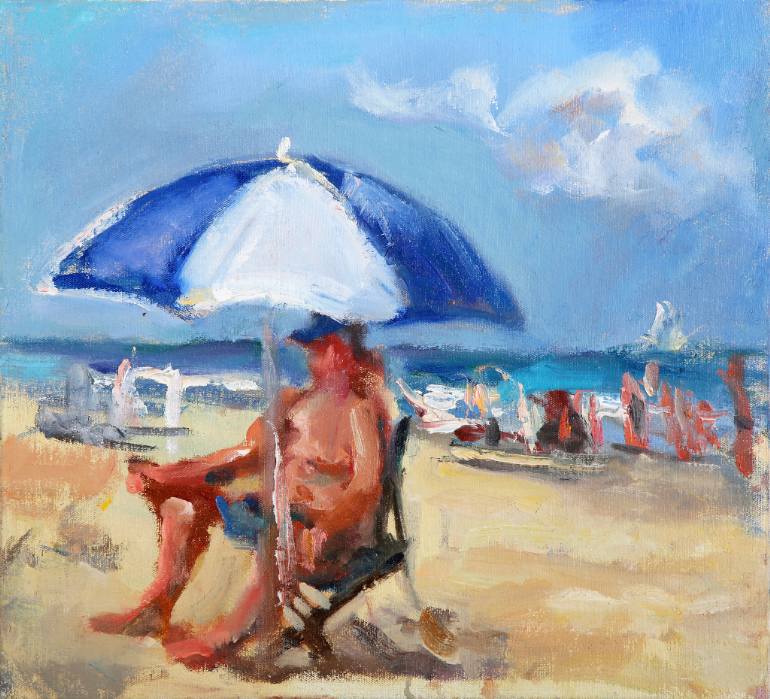 770x699 Saatchi Art Sunbathing Man With Blue And White Umbrella Painting - Man With Umbrella Painting
