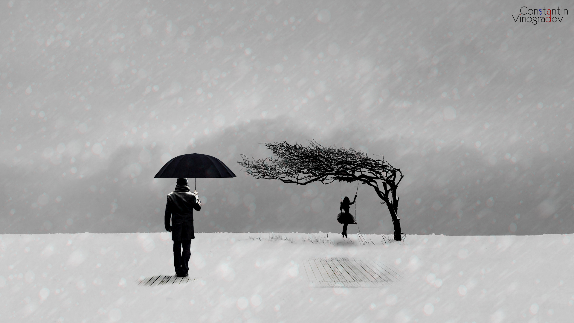 1920x1080 Images Silhouette Winter Umbrella Painting Art 1920x1080 - Man With Umbrella Painting