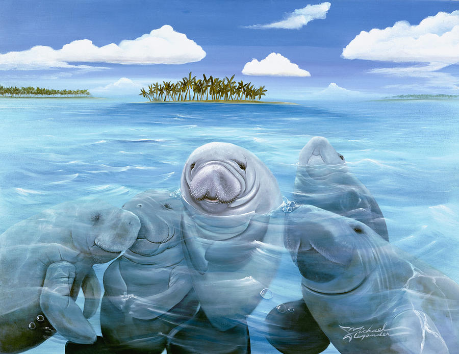 900x694 Manatee Party Painting By Michael Alexander - Manatee Painting