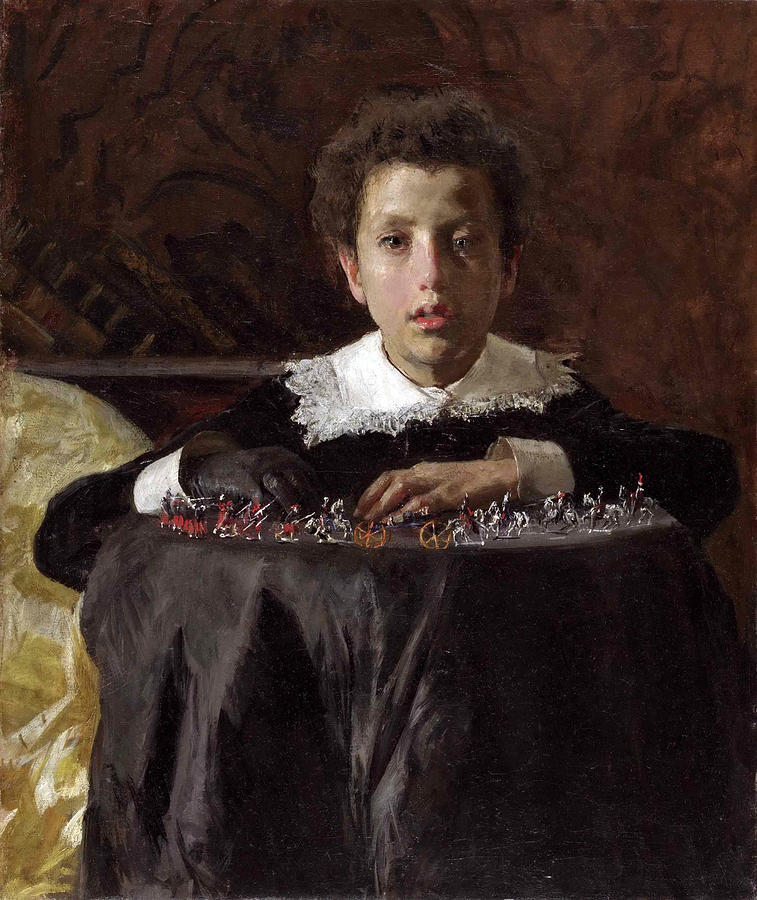 757x900 Young Boy With Toy Soldiers Painting By Antonio Mancini - Mancini Painting
