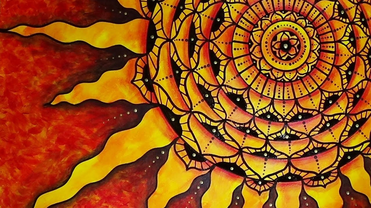 1280x720 Sun Mandala On Fiery Acrylic Painting Background - Mandala Art Painting