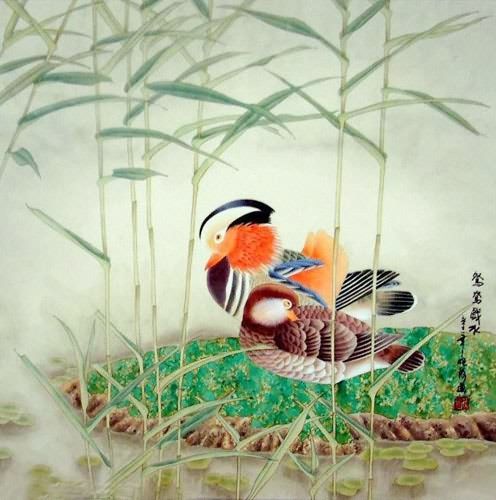 496x500 Mandarin Duck,66cm X 66cm, Mounted On Silk Brocade. Artist Xiao He - Mandarin Ducks Painting