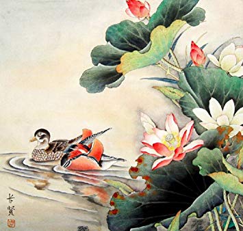 355x338 Two Mandarin Ducks In Lotus Pond Puzzle Chinesed Painting Puzzle - Mandarin Ducks Painting