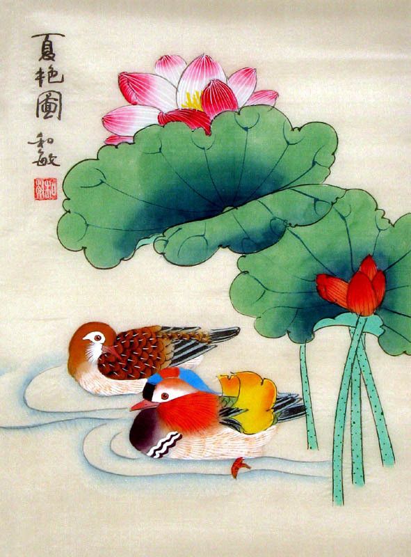 591x800 Chinese Mandarin Duck Painting By Ling Xue. It Is Painted - Mandarin Ducks Painting