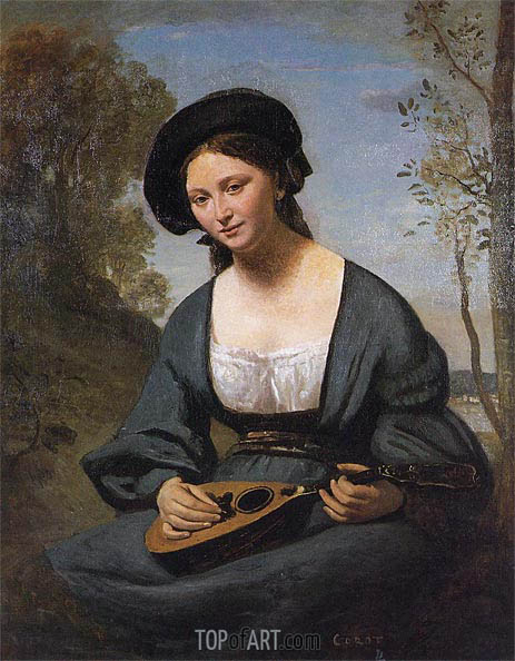 463x594 Woman In A Toque With A Mandolin Corot Painting Reproduction - Mandolin Painting