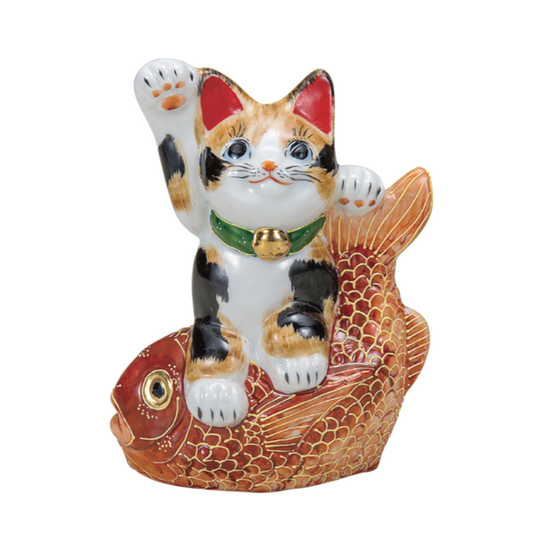 600x600 Kutani Ware Hand Painted Maneki Neko Lucky Cat Figurine With Tai - Maneki Neko Painting