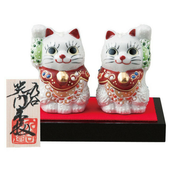 600x600 Kutani Ware Hand Painted Maneki Neko Lucky Cat Pair Figurines - Maneki Neko Painting